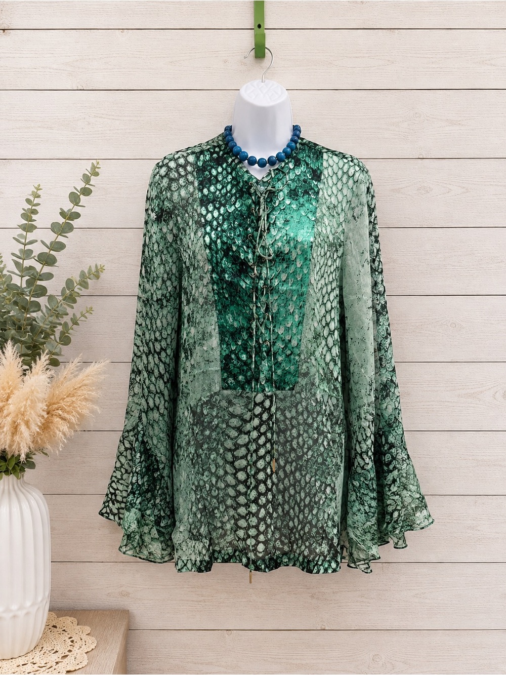 Silvia Tcherassi Green Snake-Print Bell Sleeve Tunic - Medium - NWT
